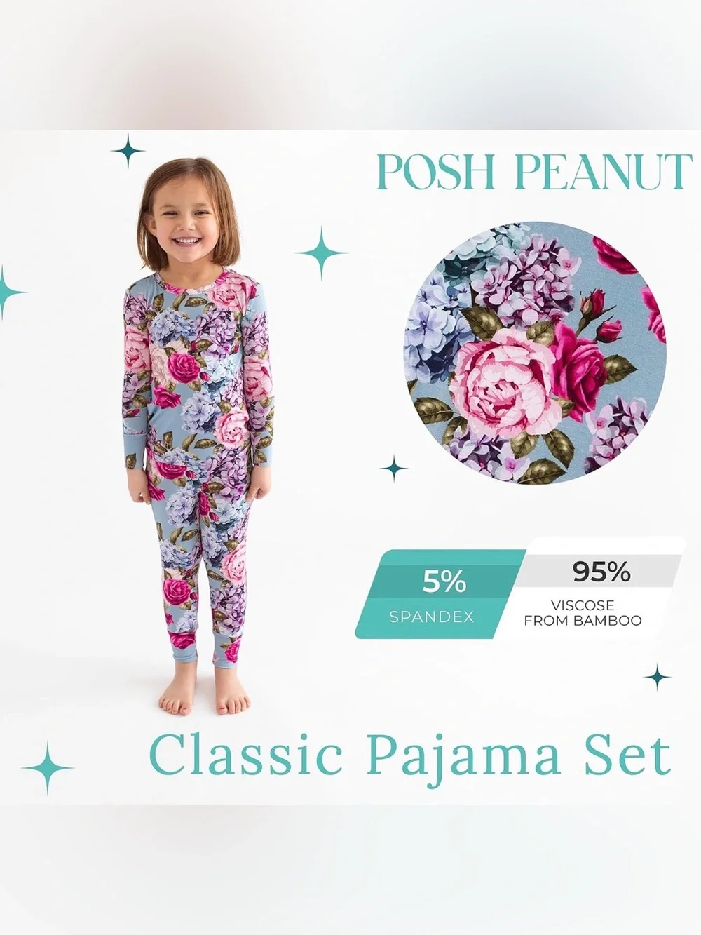 NWT POSH PEANUT Girls Pajama Set - Blue with Pink Rose Print